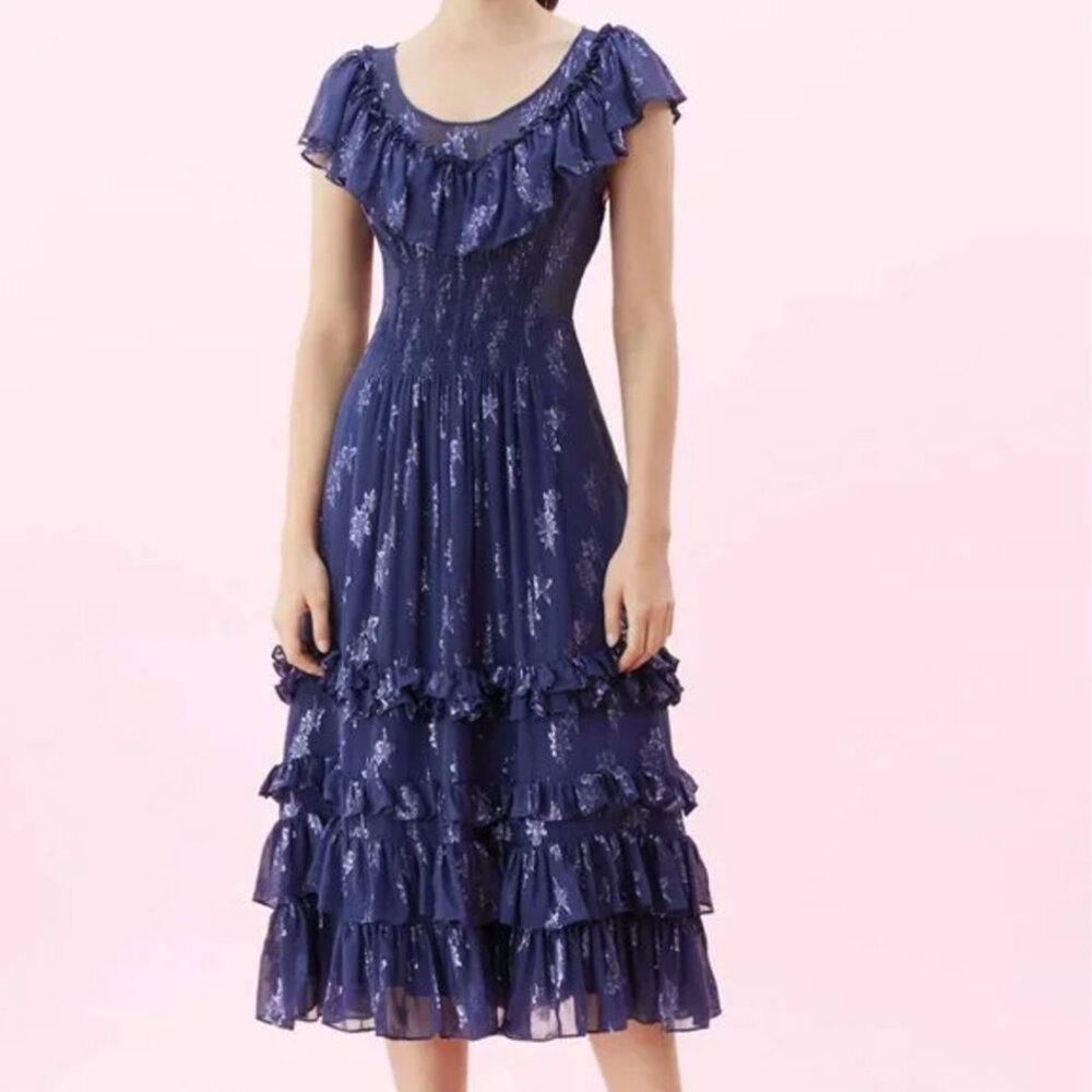 Rebecca Taylor Metallic Star Silk Ruffle Hem Midi Dress Whimsical Romantic